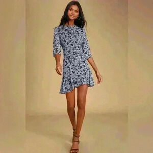 Lulus Lalaine Black and Blue Floral Ruched Dress Sz M‎  Wedding Party Flirty
